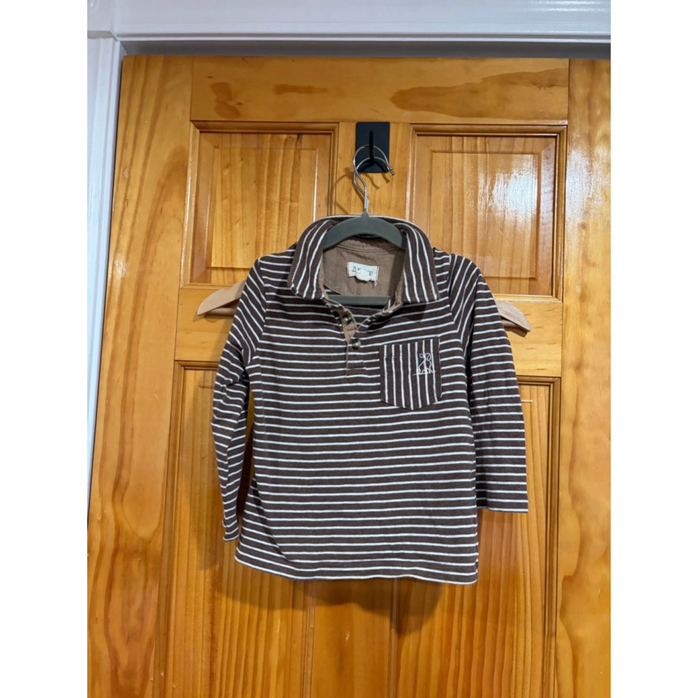 Me & Henry Boys Brown Striped Long Sleeve Polo Henley Shirt Size 4/5